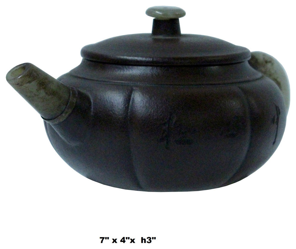 Chinese Zisha Clay Medium Brown Jade Stone Handle Teapot Display Art Hws998