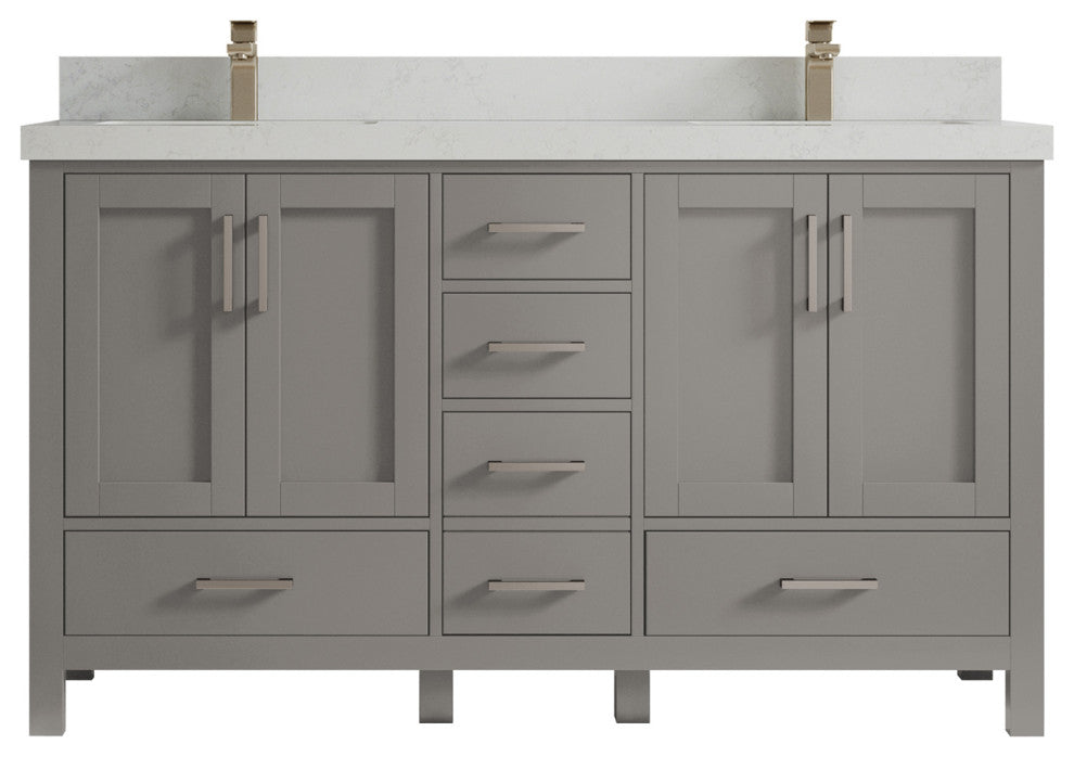 Malibu 60 Double Sink Bathroom Vanity in Elephant Skin Gray 2" Carrara Quartz