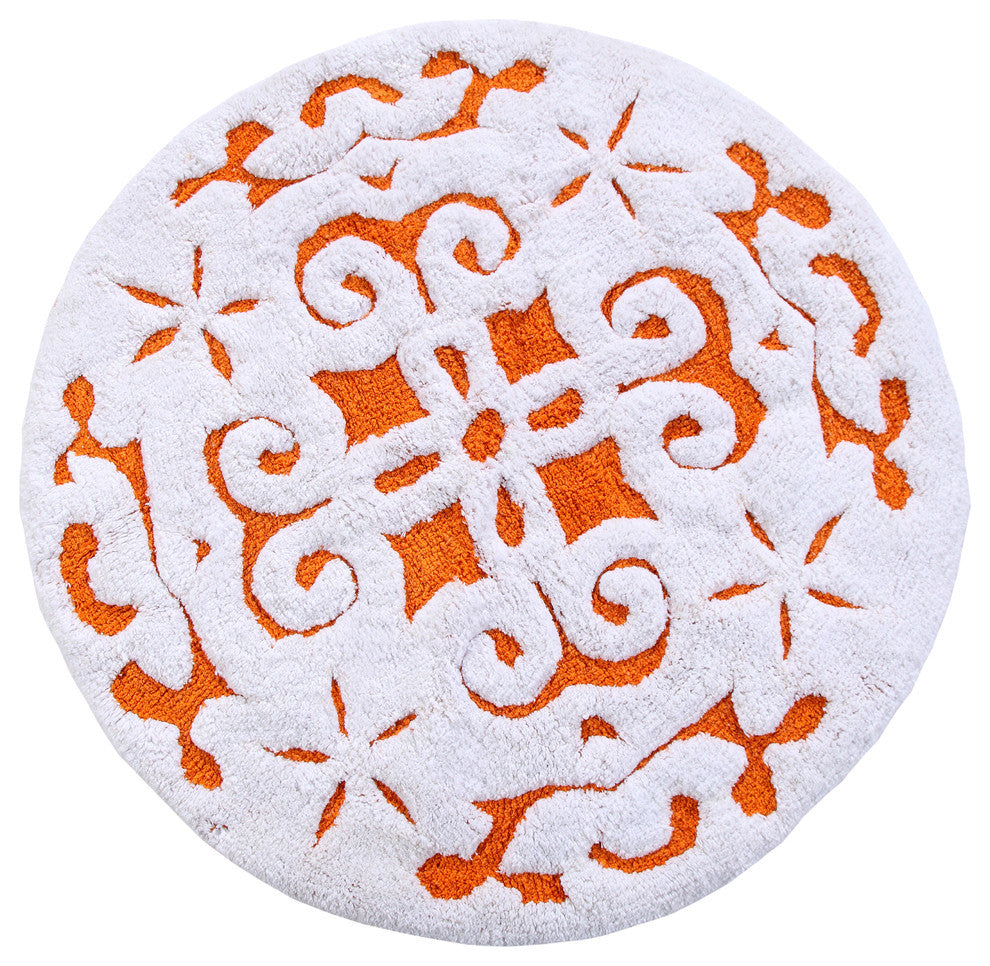 Saffron Fabs Bath Rug, Cotton, 36" Round, 200 GSF, Damask Pattern, Orange/Wh