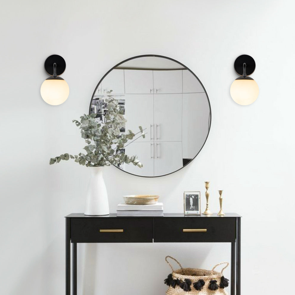 1-Light Milky Glass Globe Wall Sconce, Black