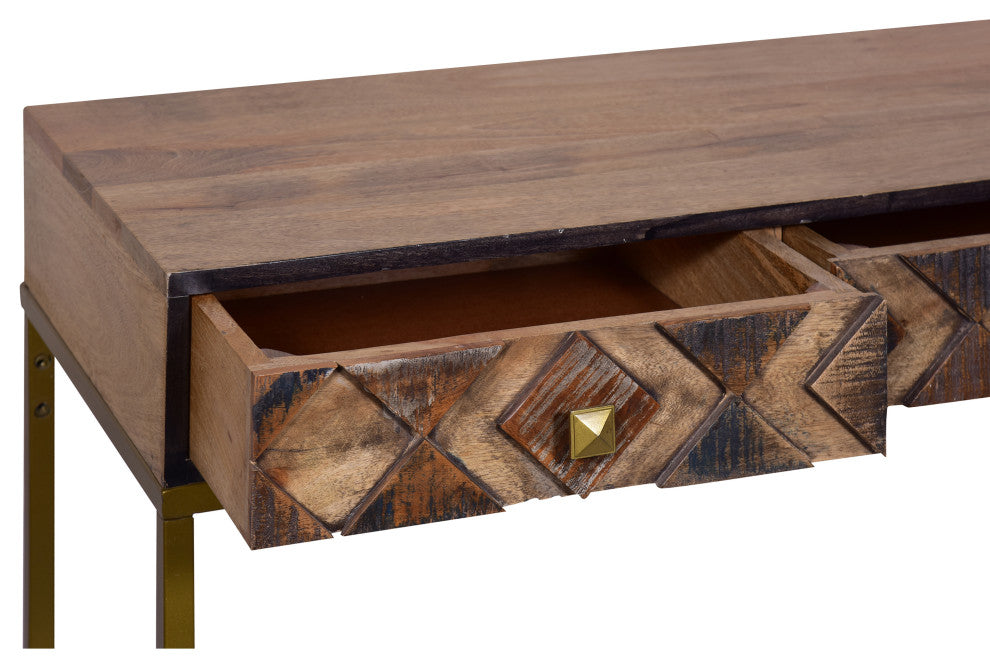 Benzara UPT-272552 Mango Wood Console Table, Metal Frame, Brown