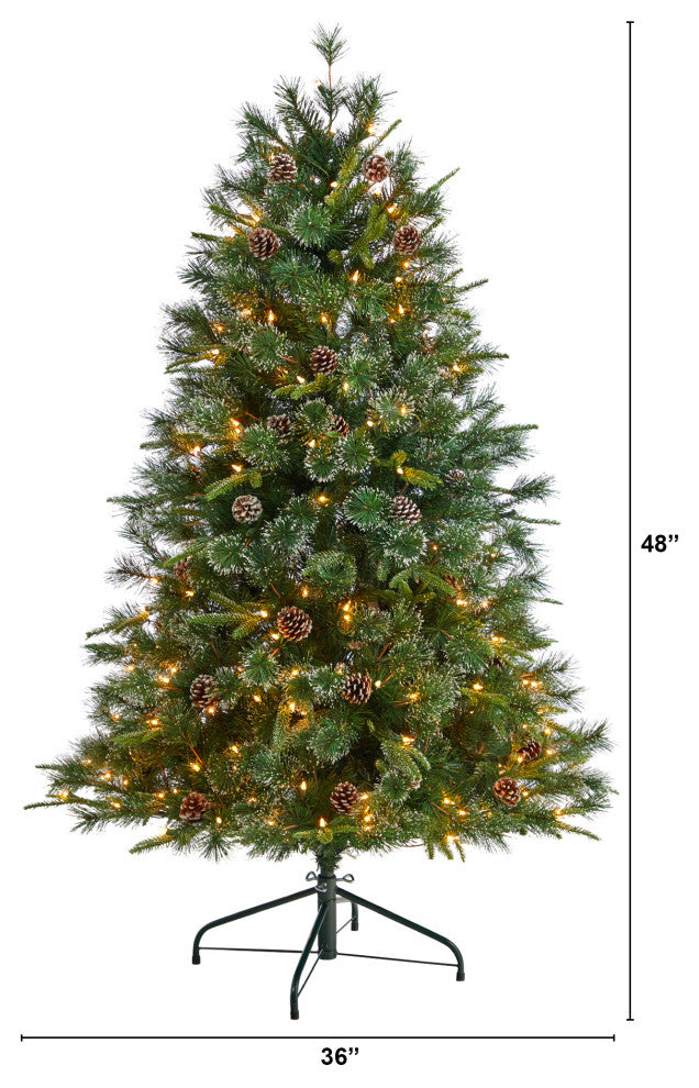 4' Snowed Tipped Clermont Mixed Pine Faux Xmas Tree W/Lights, Pinecones