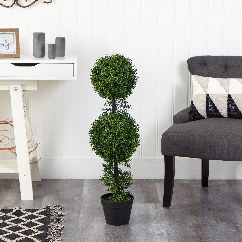 34" Boxwood Double Ball Topiary Artificial Tree, Indoor/Outdoor