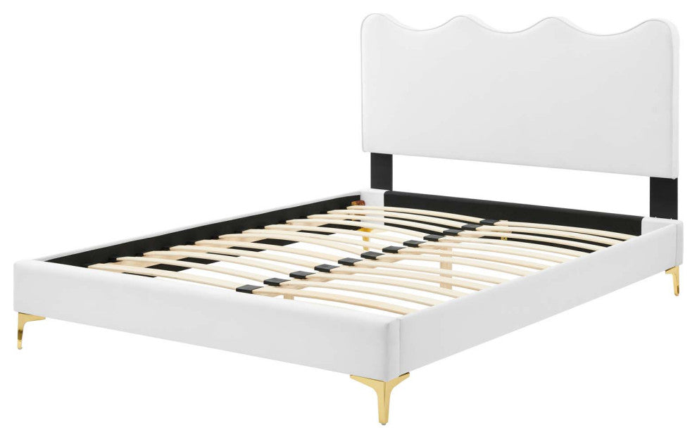 Platform Bed Frame, King Size, White, Velvet, Modern, Bedroom Guest Suite