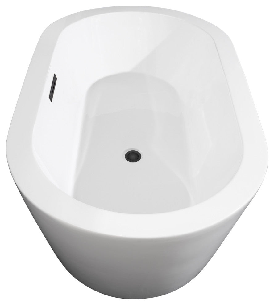 60" Freestanding Bathtub, White, Matte Black Drain and Overflow Trim