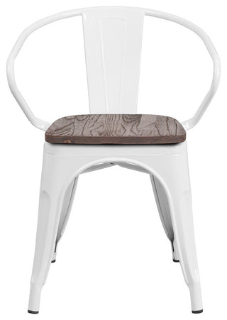 White Metal Chair with Wood Seat and Arms