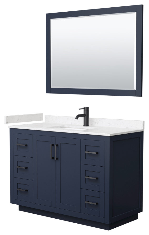 48"SGL Vanity Dark Blue, LV Carrara Cult. Top, Sink, Black Trim, 46"Mirror