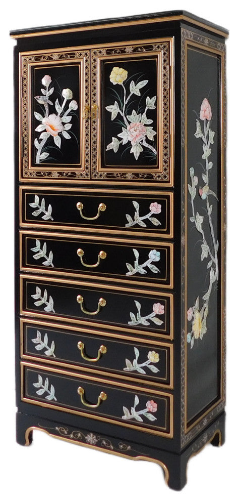 Black Lacquer Lingerie Cabinet With Bird and Flower Mother of Pearl Design, 24"