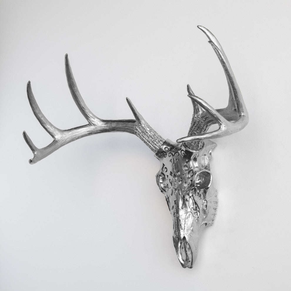 Faux Deer Skull Native American Carving Wall Decor, Metallic Silver
