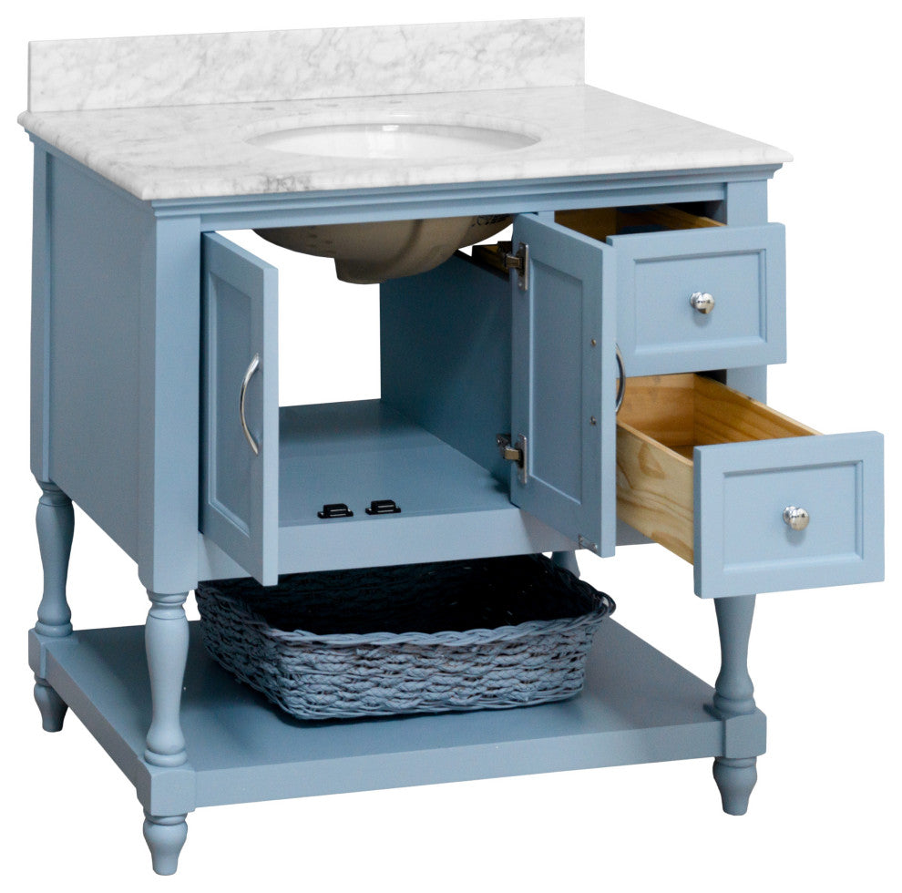 Beverly 36" Bathroom Vanity, Powder Blue, Carrara Marble