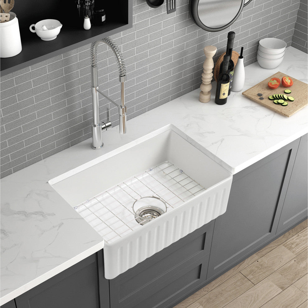 White Fireclay 33 in. Single Bowl Farmhouse Apron Kitchen Sink with Accessories,