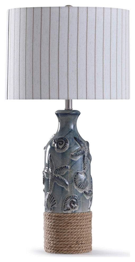 Bampton Embossed Shell and Starfish Table Lamp With Rope Detail and Drum Shade