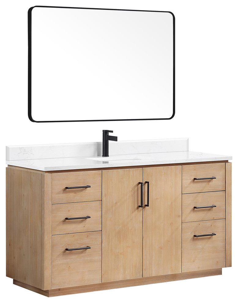 San Bath Vanity with Stone Top, Fir Wood Brown, 60" Single Sink, Single Vanity, With Mirror