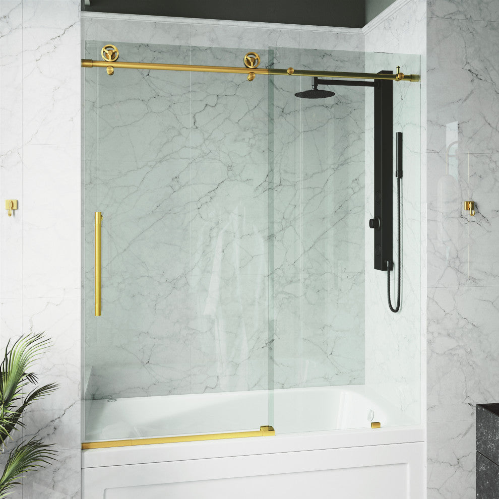 VIGO Elan Cass Aerodynamic 56" to 60" W x 66" H Frameless Sliding Tub Door, Matte Brushed Gold, Clear Glass