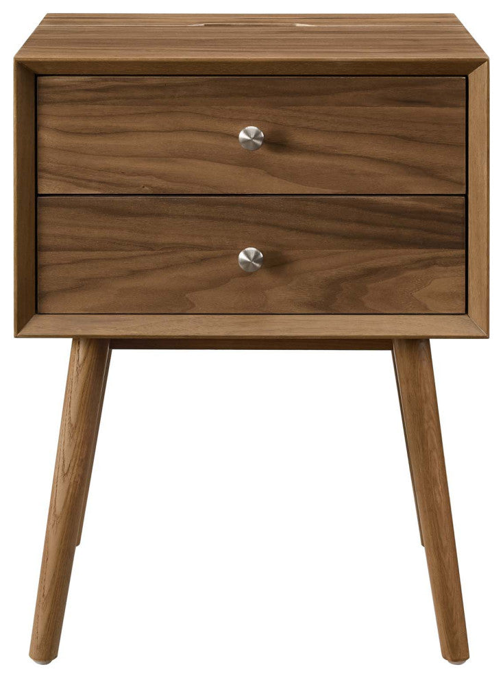 Nightstand Side End Table With USB, Wood, Brown Walnut, Modern Living Room