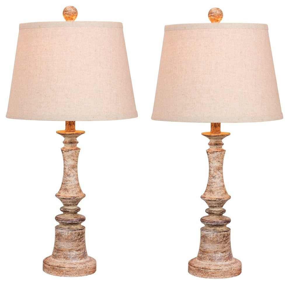 26.5" Distressed Candlestick Resin Table Lamp, Set Of 2, Cottage Antique Beige
