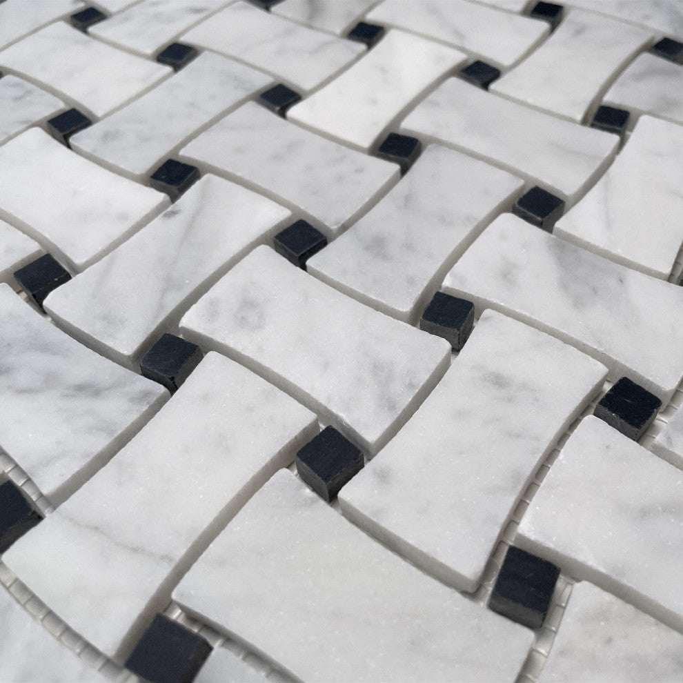 White Carrara Venato Marble DogBone Basketweave Mosaic Tile Honed, 1 sheet