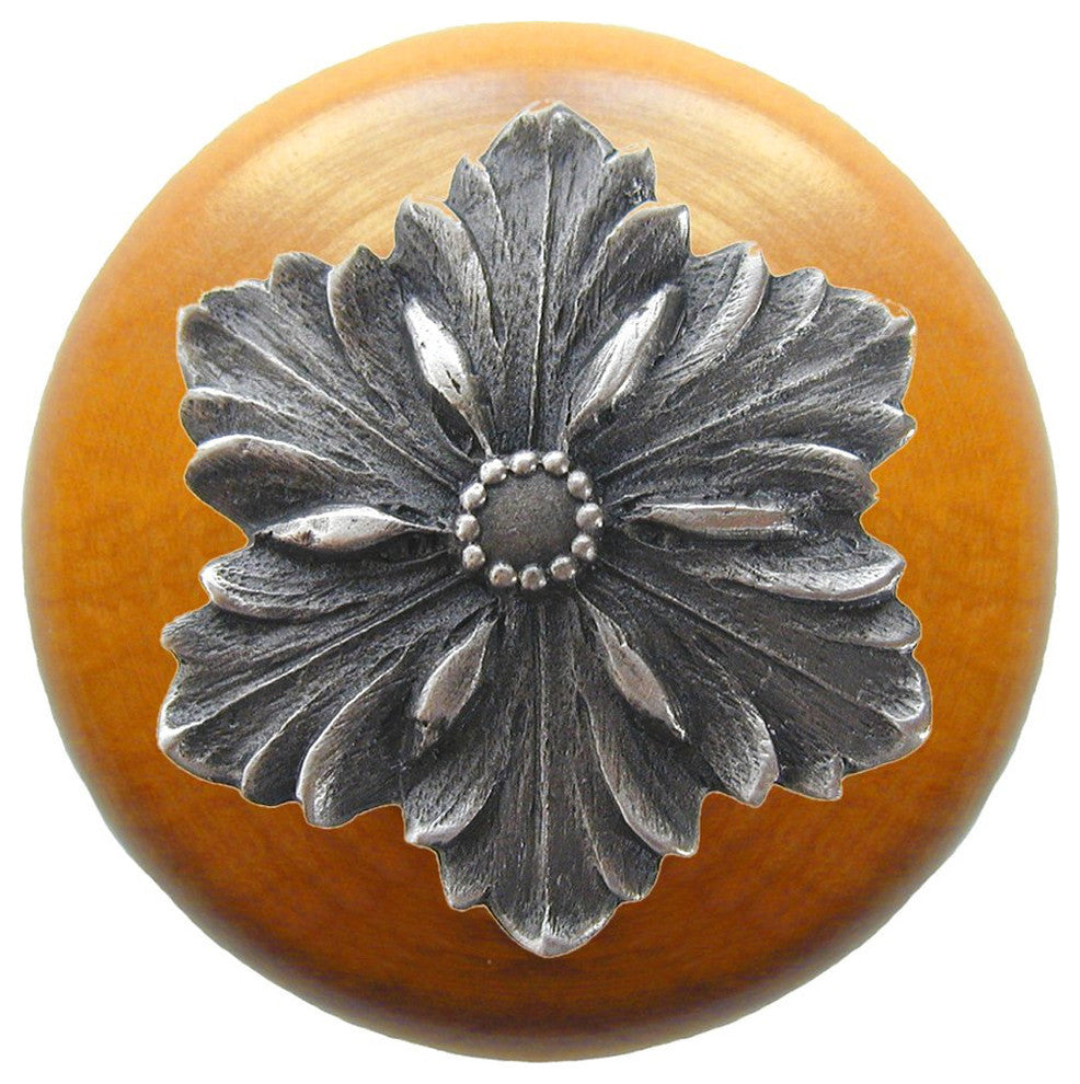 Opulent Flower Maple Wood Knob, Antique-Style Pewter