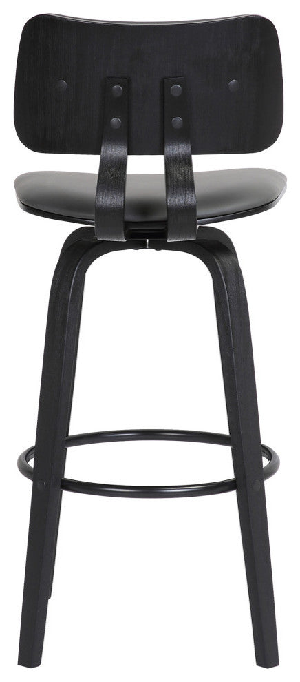 Pico 26" Swivel Black Wood Counter Stool in Gray Faux Leather with Black Metal, 30
