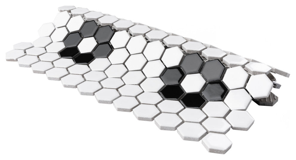 Metro 1" Hex Porcelain Mosaic Floor and Wall Tile, Glossy White With Heavy Flower