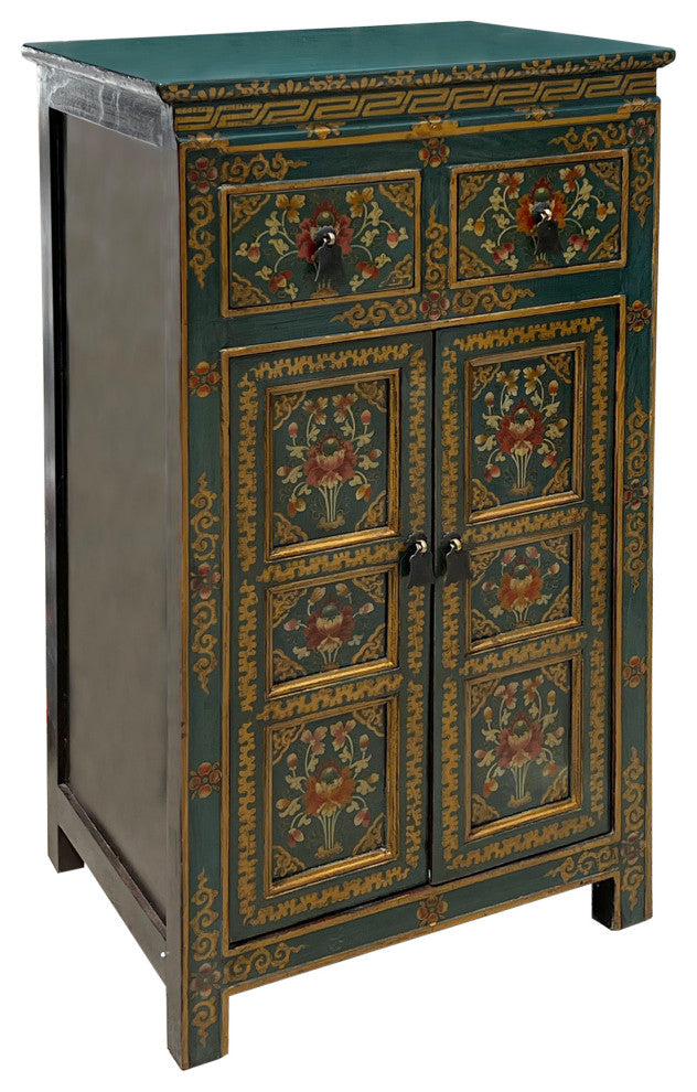 Distressed Teal Blue Green Tibetan Floral End Table Nightstand Cabinet Hcs7621
