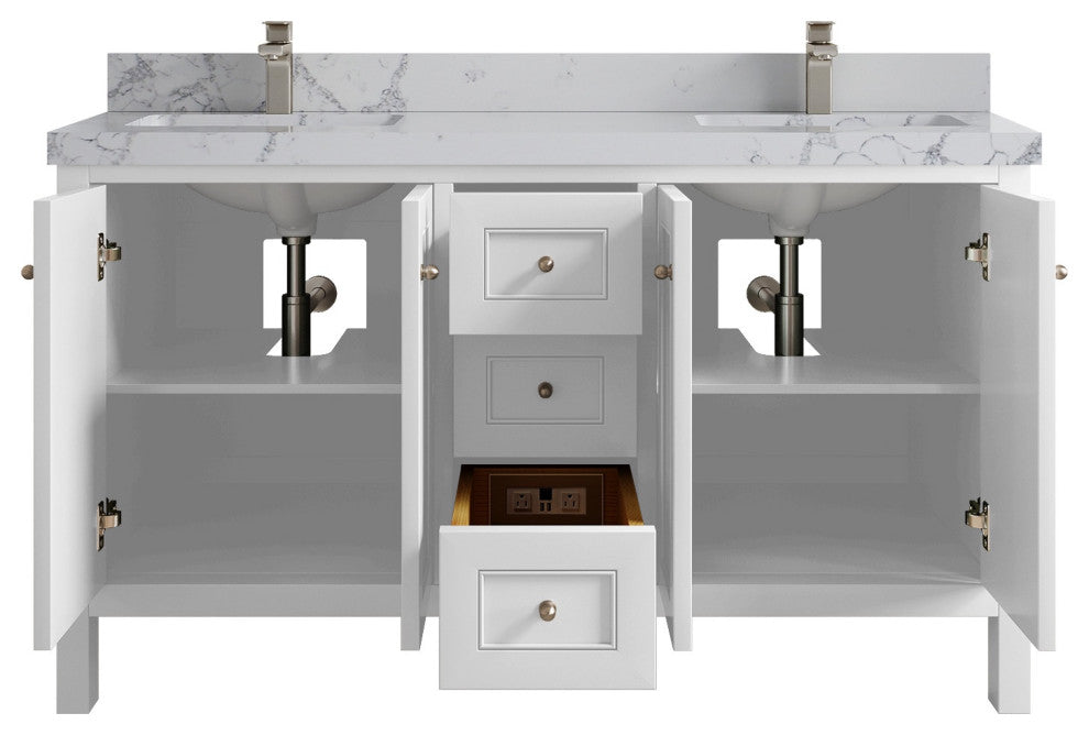 Nashville 60" Double Bathroom Vanity, White 2" Venatino Quartz