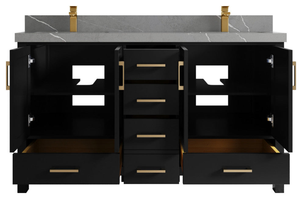 Sonoma 60 Double Sink Reeded Bathroom Vanity in Hale Navy Blue 2" Piatra Gray