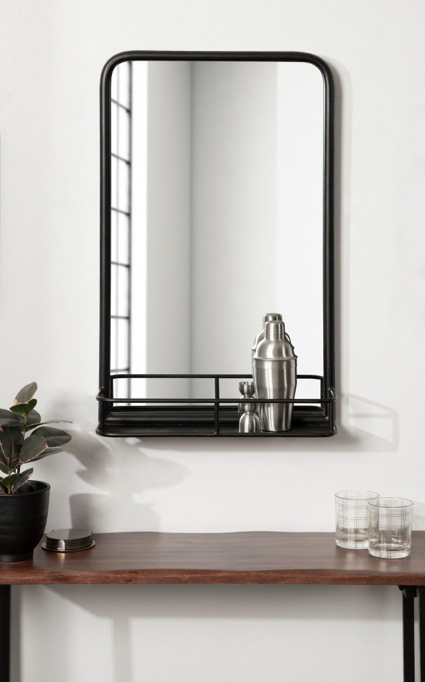 Estero Metal Framed Radius Rectangle Wall Mirror With Shelf, Black 18x30