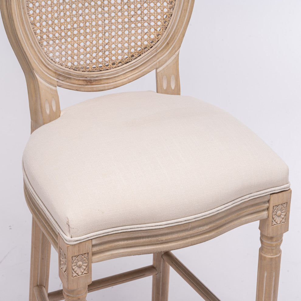 Elegant French High-Bar Chairs with Rattan Mesh Backrest and Solid Wood Frame, Cream Beige