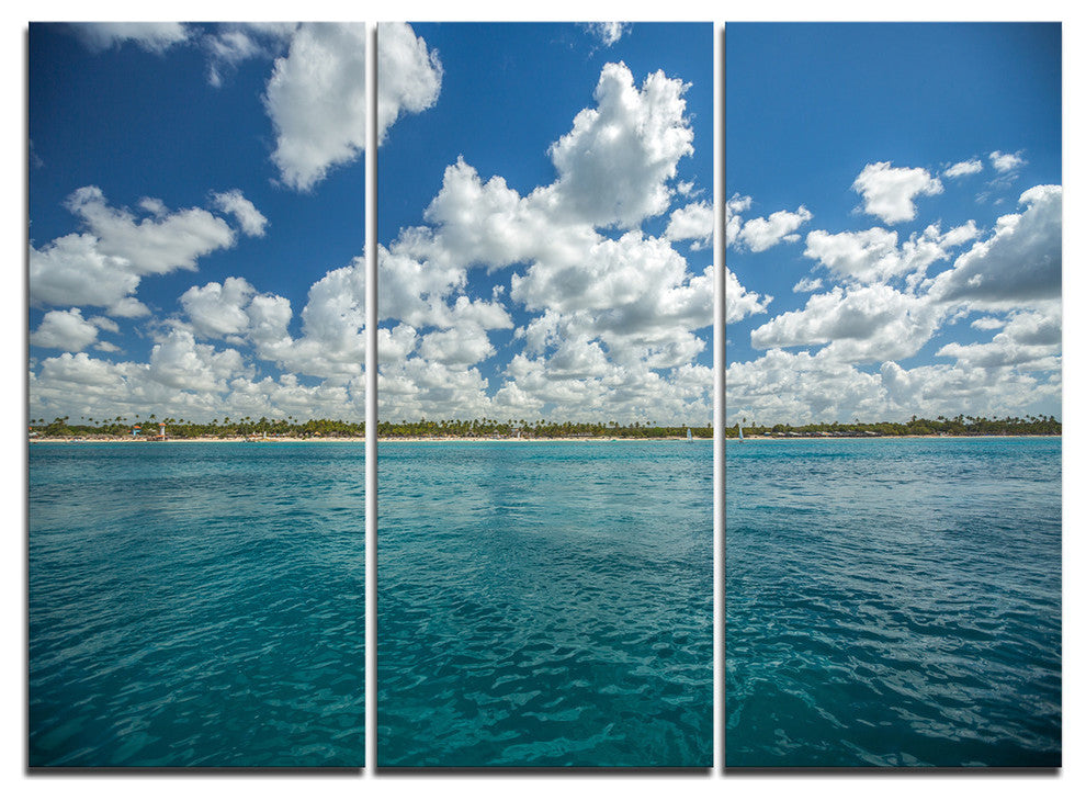 "White Fluffy Clouds Over Sea" Oversized Beach Metal Wall Art, 3 Panels, 36"x28"