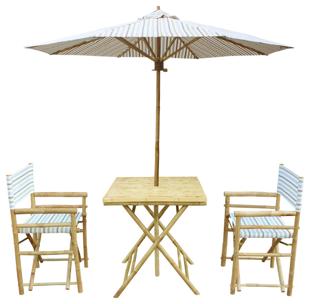 Set of Bamboo Square Table, 2 Director Chair, 1 Umbrealla, Pale Stripes