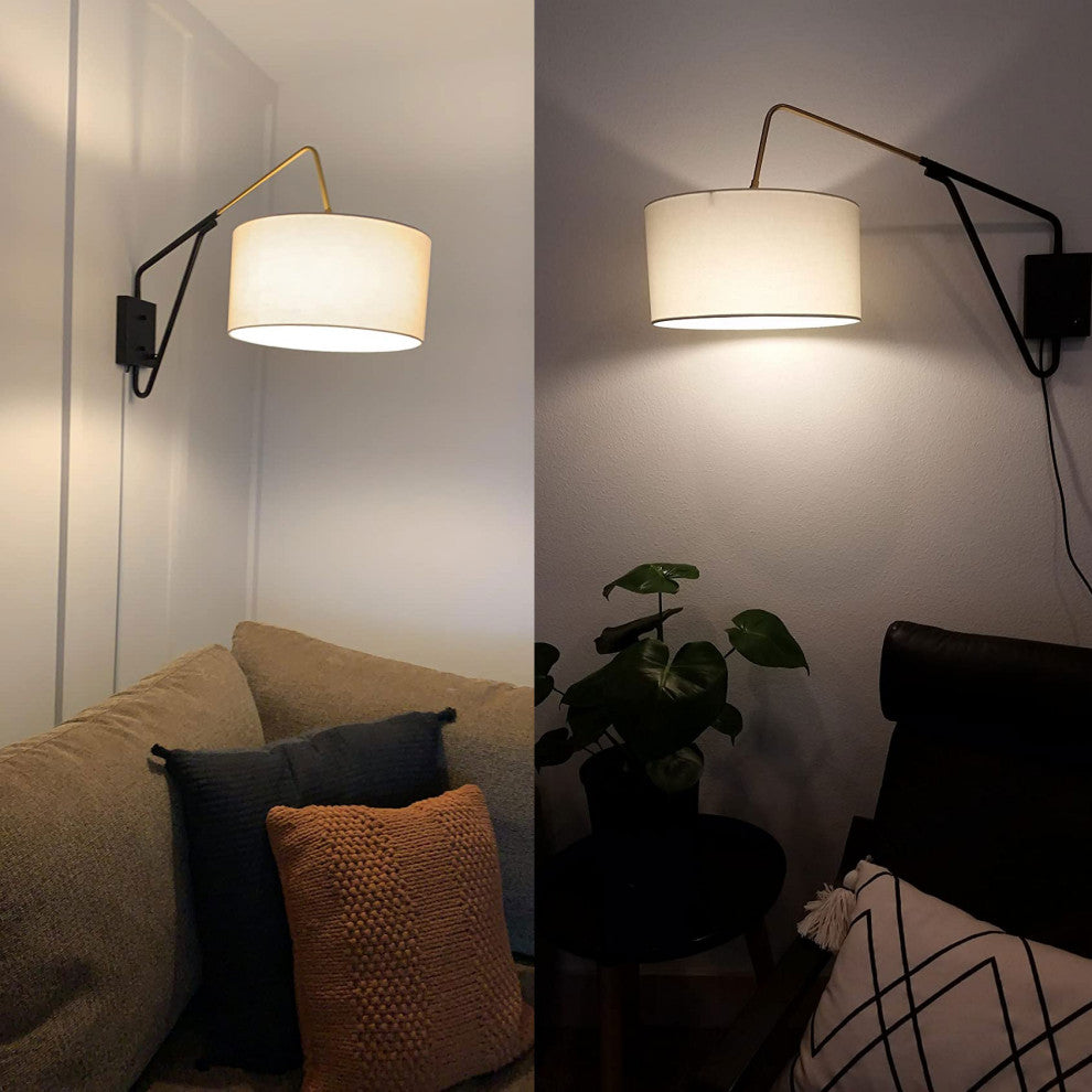 Swing Arm Wall Lamp,Plug in Wall Mount Light with Off-White Fabric Shade