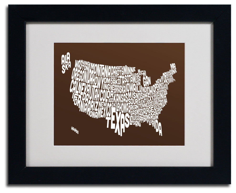 'USA States Text Map - Chocolate' Matted Framed Canvas Art by Michael Tompsett