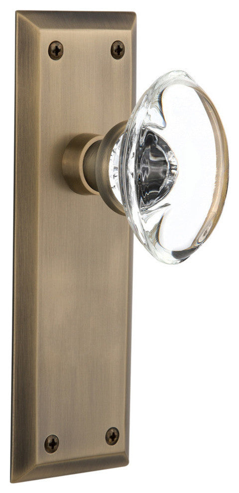 Double New York Plate With Oval Clear Crystal Knob, Antique Brass