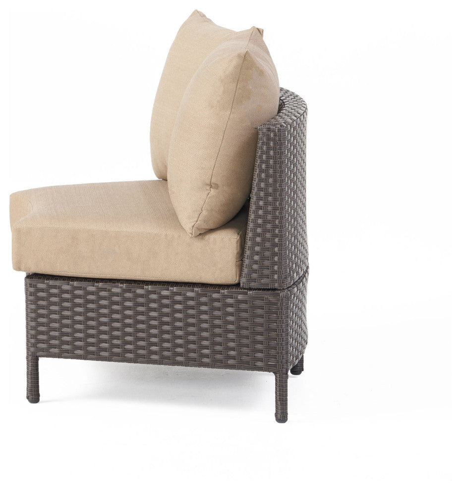 Harper Outdoor Wicker Curved Loveseat Sectional With Cushions, Dark Brown/Beige