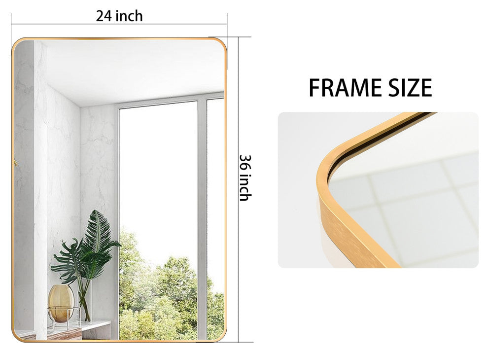 Easly Rectangular Aluminum Alloy Framed Rounded Wall Mirror, Gold, 24x36