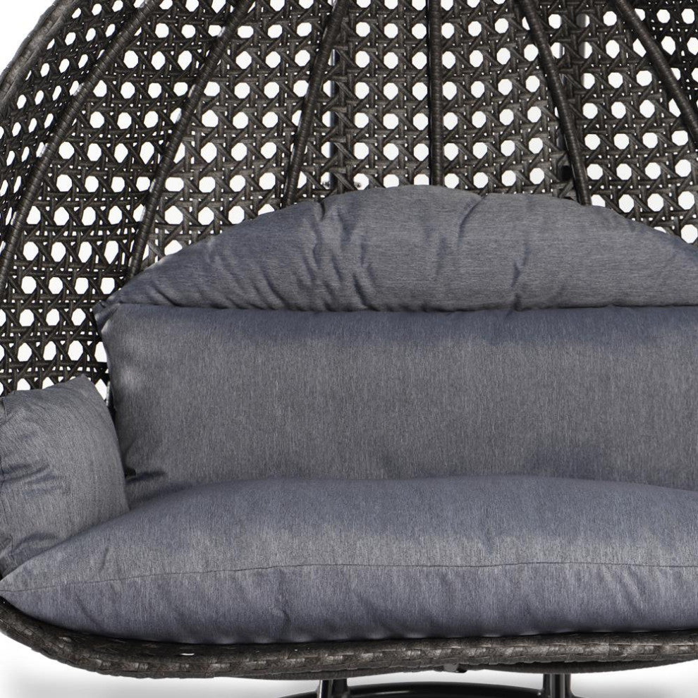 LeisureMod Wicker Hanging 2 person Egg Swing Chair With Outdoor Cover, Charcoal