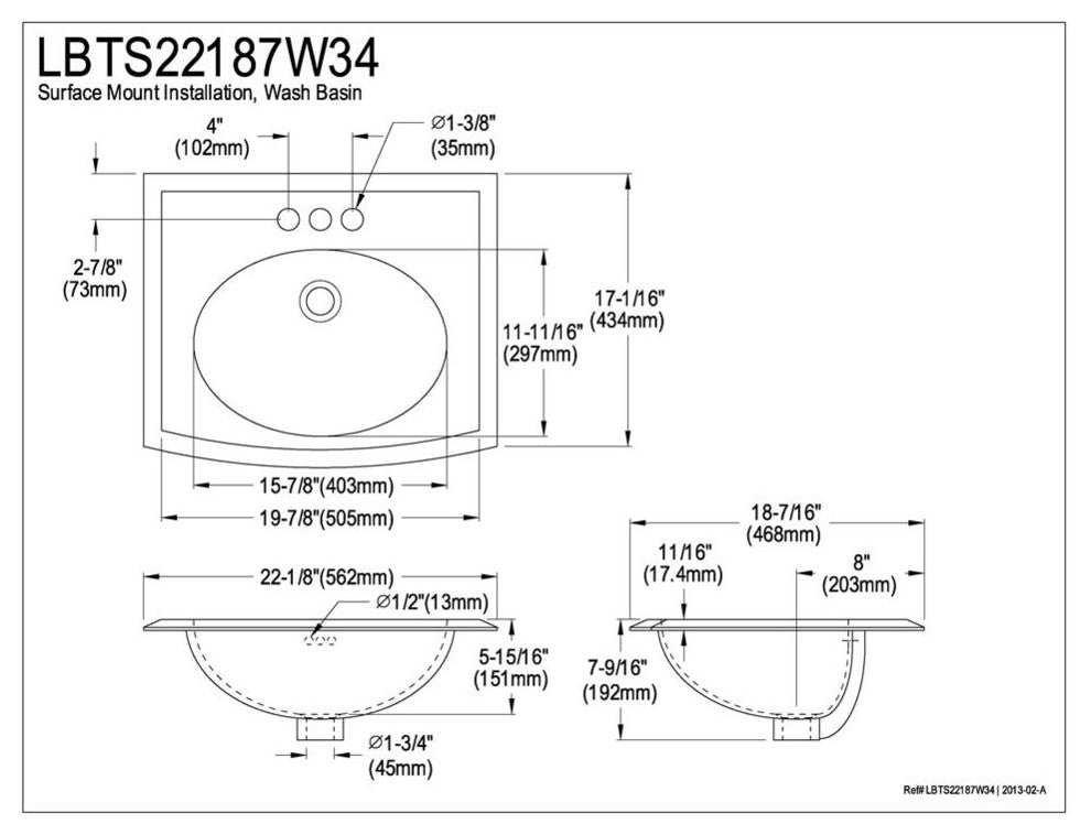 Courtyard White China Countertop Bathroom Sink with 4" Center LBTS22187W34