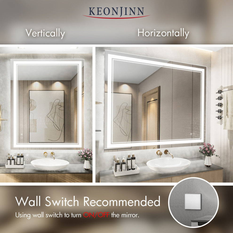 3-Colors LED Bathroom Mirror, Anti-Fog Memory Dimmable, Sliver, 40x32