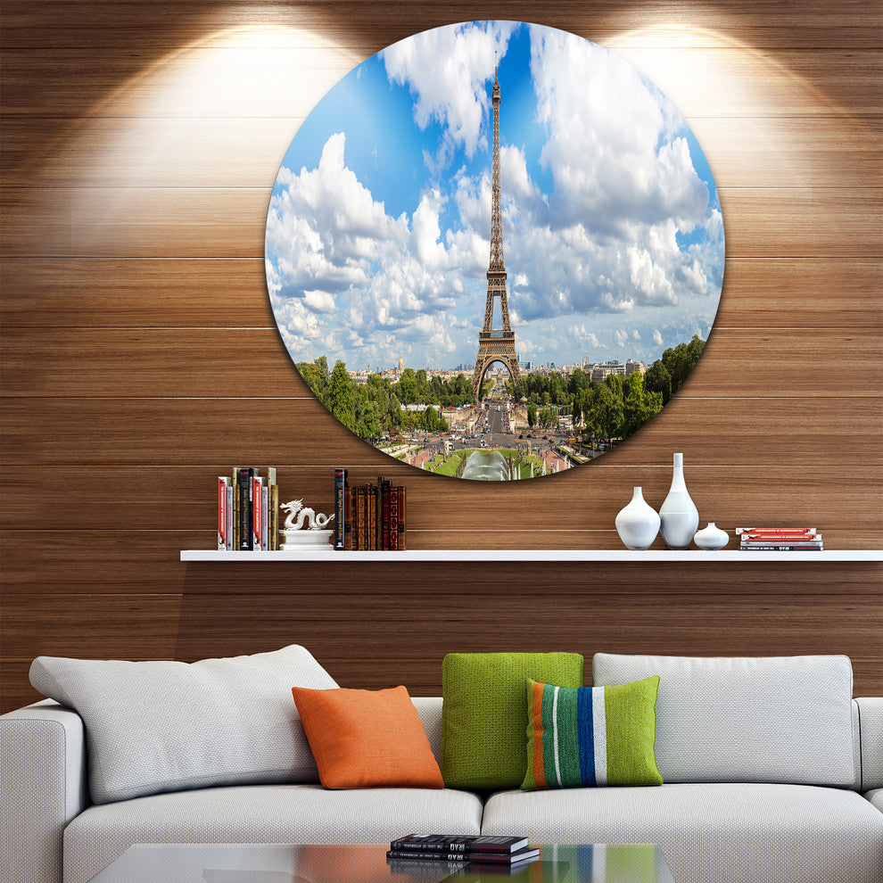 Panoramic Paris Eiffel Tower Under Clouds, Round Metal Wall Art, 11"