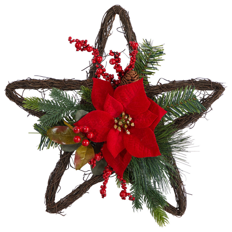 16" Holiday Christmas Poinsettia Star Twig Wreath