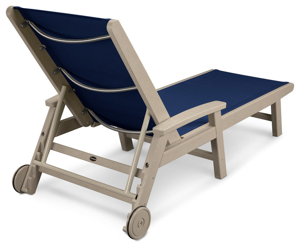 Coastal Chaise With Wheels, Sand / Navy Blue Sling