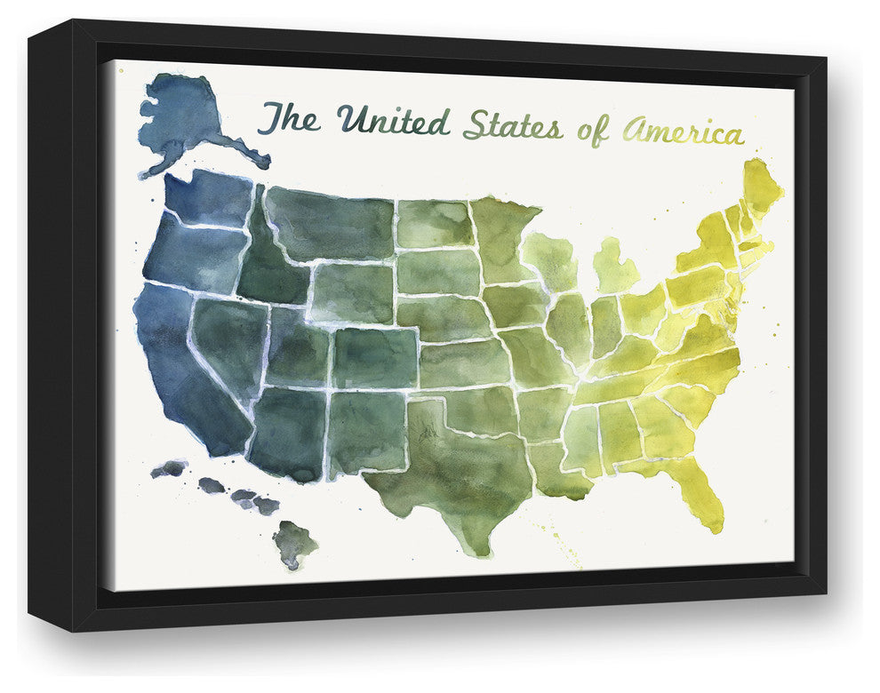 United States Blue and Green Watercolor Map 12x16 Black Floating Framed Canvas