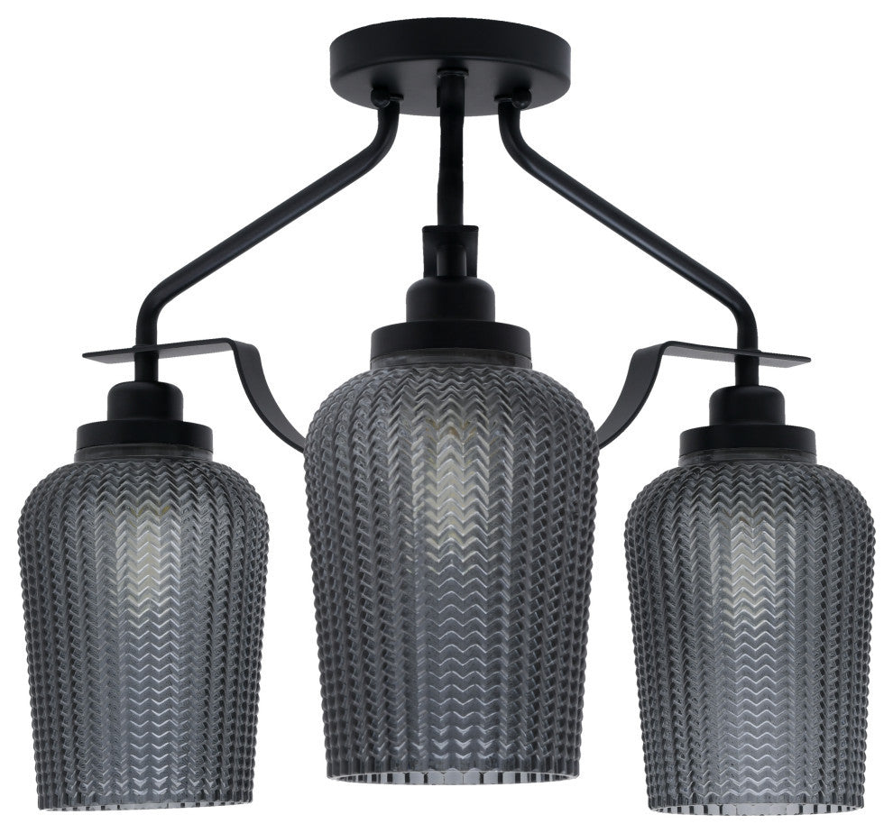 Odyssey 3 Light Semi Flush Mount, Matte Black Finish, 5" Smoke Textured Glass