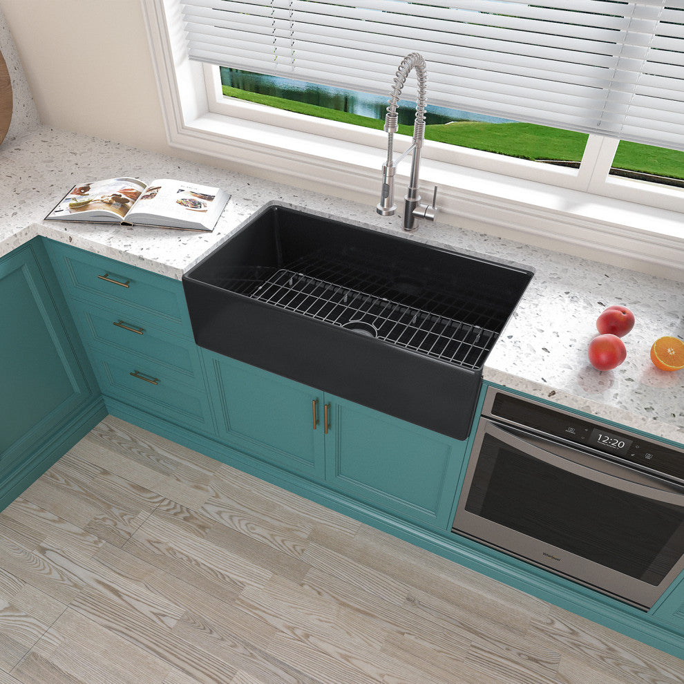 Sinber Farmhouse Apron Single Bowl Kitchen Sink with Fireclay 2 Accessories, Black, 36" X 20"