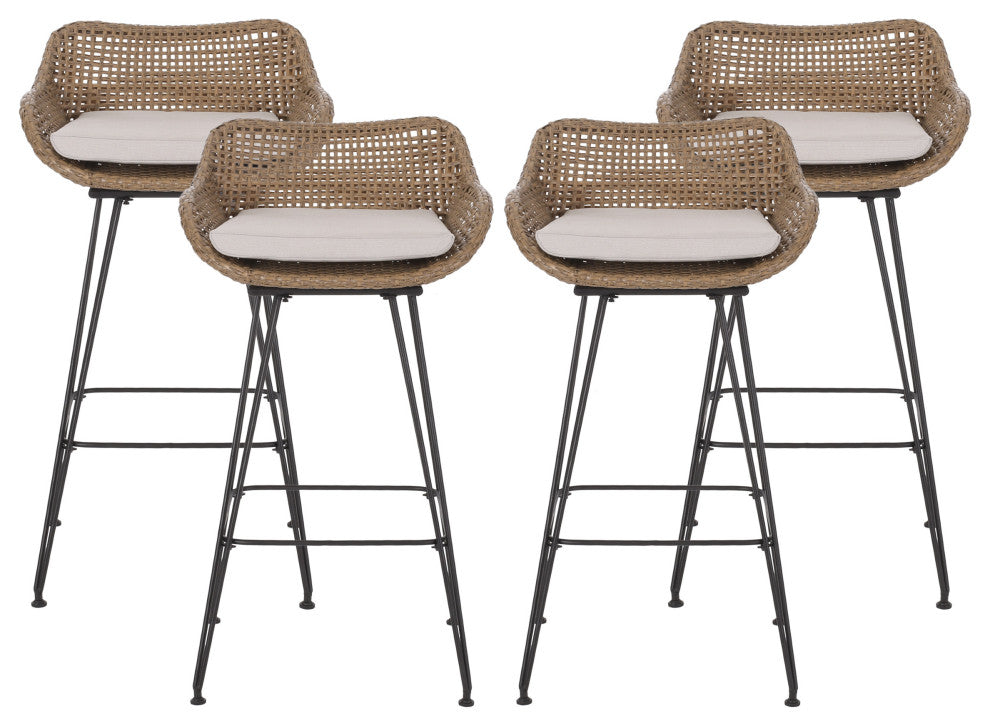 Pondway Outdoor Wicker/Iron Barstools, Set of 4, Beige/Light Brown/Black