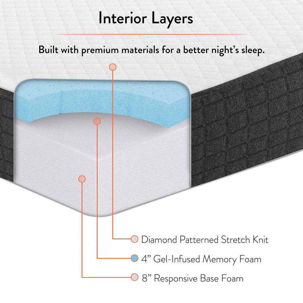 12" Memory Foam Mattress, Queen Size, White, Modern Contemporary, Bedroom