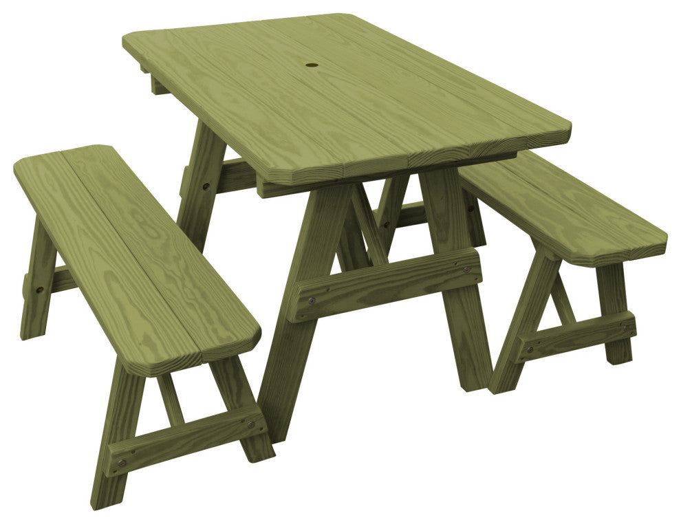 Pressure Treated Pine Picnic Table With 2 Benches, Linden Leaf Stain, 5 Foot, With Umbrella Hole