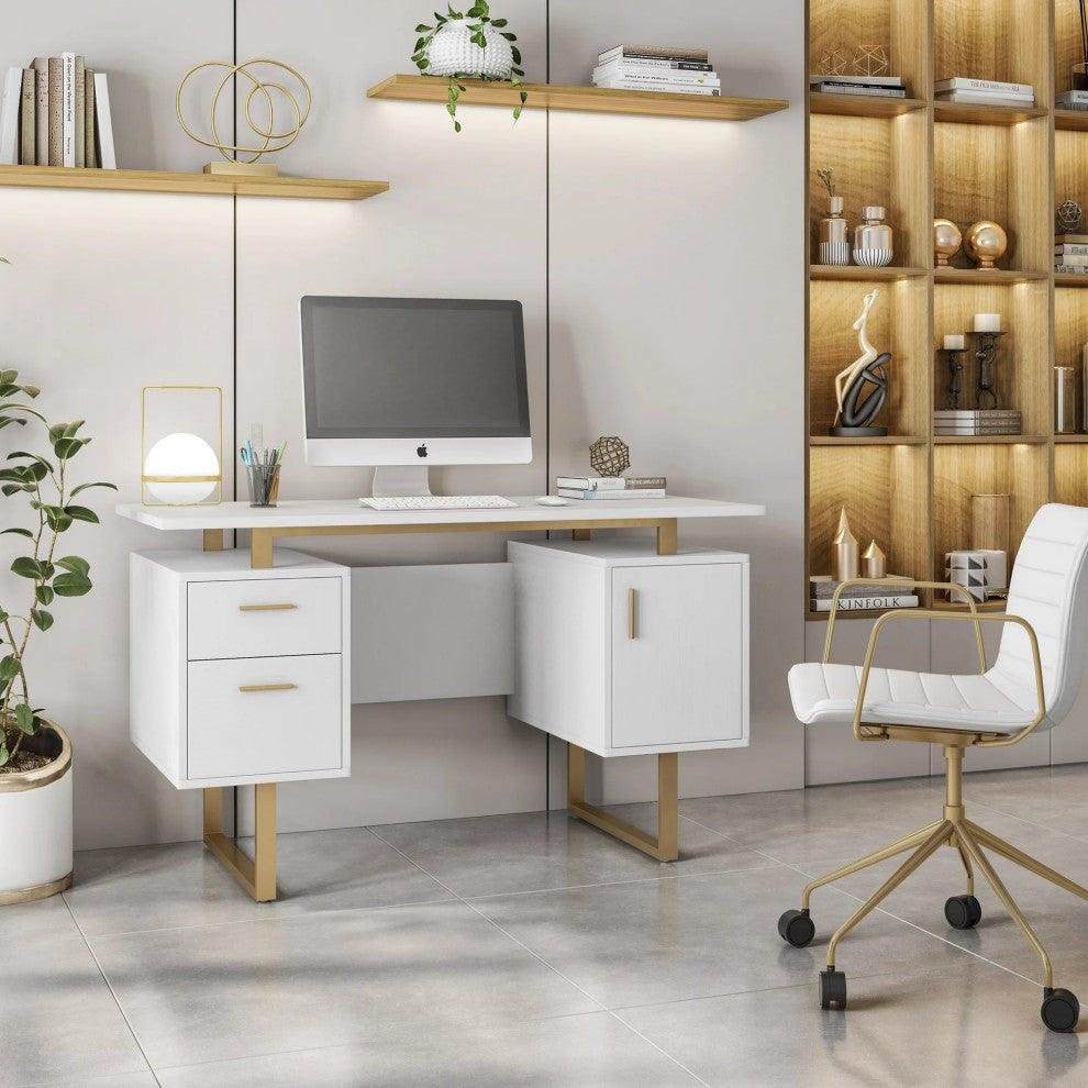 Elegant Desk, Floating Top With Cube Shaped Cabinet & Large Drawers, Gold/White