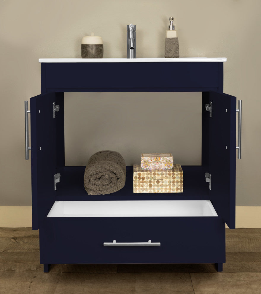 Pacific 30" Vanity With Integrated Ceramic Top and Brushed Nickel Handles, Navy
